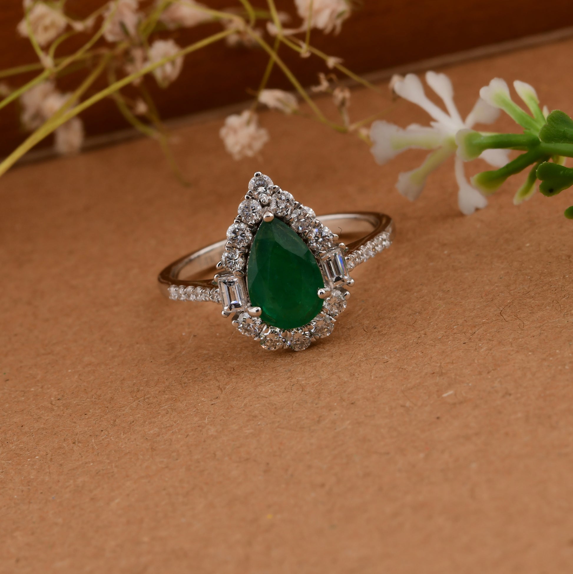 Natural Pear Shaped Zambian Emerald Halo Diamond Bridesmaid Fine Gold Ring