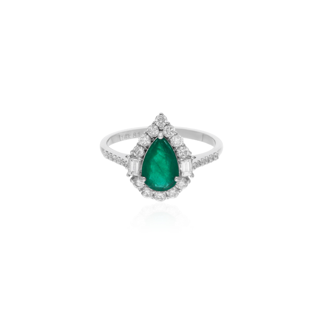 Natural Pear Shaped Zambian Emerald Halo Diamond Bridesmaid Fine Gold Ring