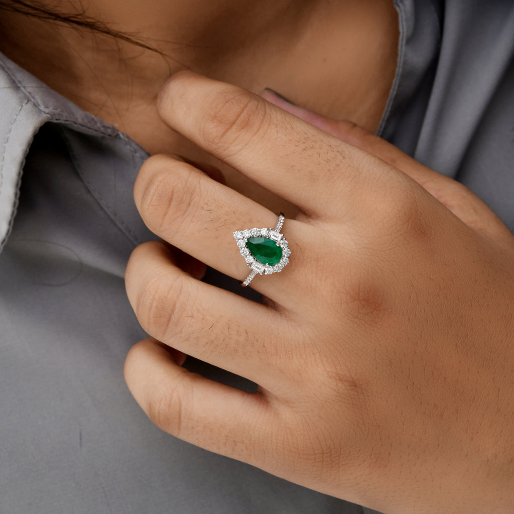 Natural Pear Shaped Zambian Emerald Halo Diamond Bridesmaid Fine Gold Ring