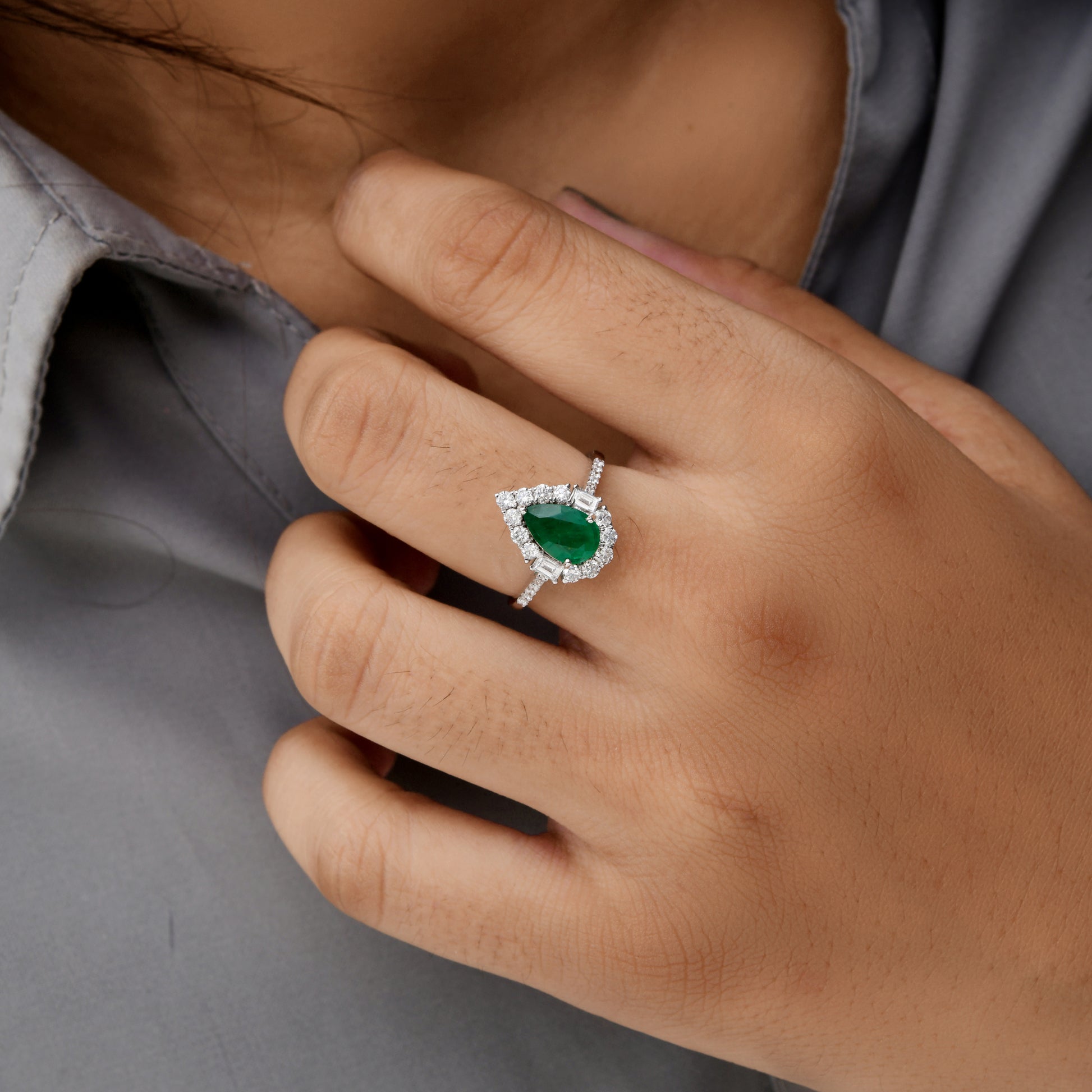 Natural Pear Shaped Zambian Emerald Halo Diamond Bridesmaid Fine Gold Ring