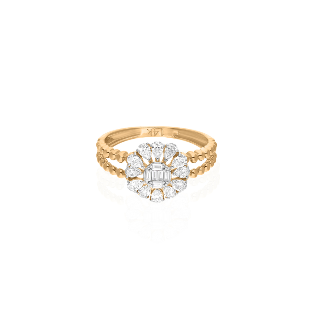Solid Gold Flower Pear & Baguette Diamond Wedding Ring