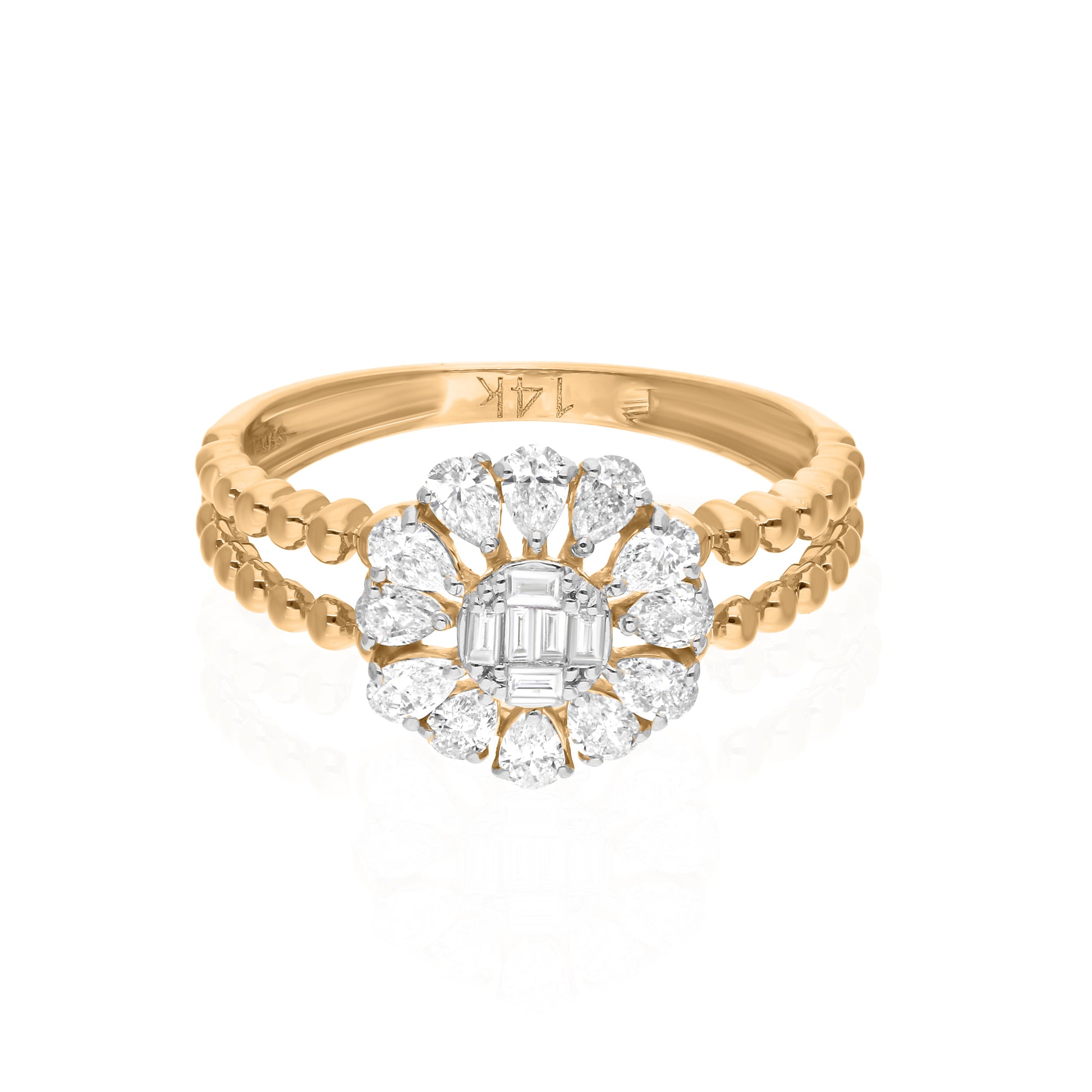 Solid Gold Flower Pear & Baguette Diamond Wedding Ring