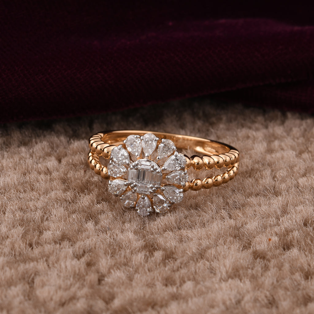 Solid Gold Flower Pear & Baguette Diamond Wedding Ring