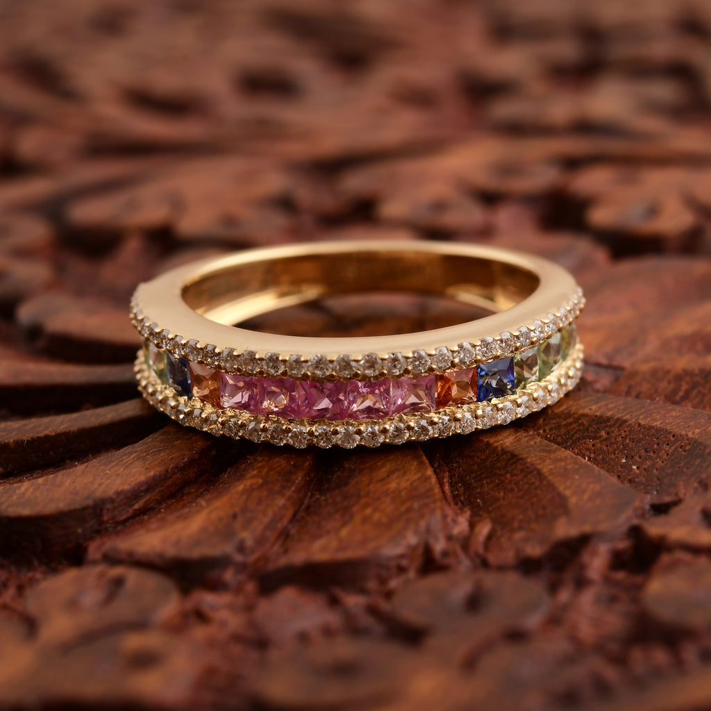 Dainty Rainbow Natural Multi Sapphire Diamond Wedding Band in Fine Gold Ring