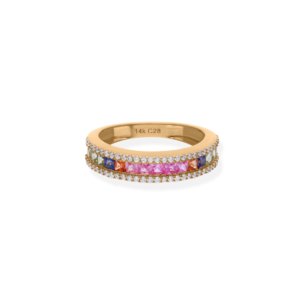 Dainty Rainbow Natural Multi Sapphire Diamond Wedding Band in Fine Gold Ring