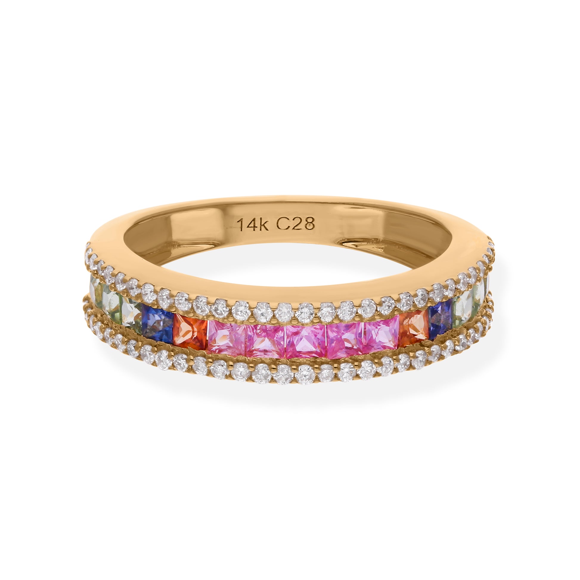 Dainty Rainbow Natural Multi Sapphire Diamond Wedding Band in Fine Gold Ring