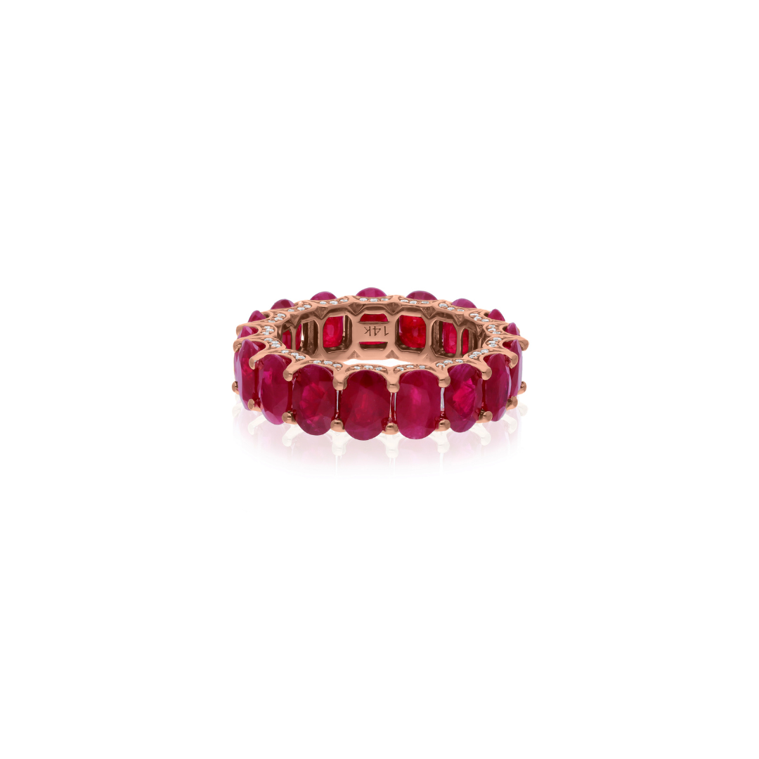 10.10 Carat Oval Cut Ruby & Diamond Stackable Eternity Gold Ring