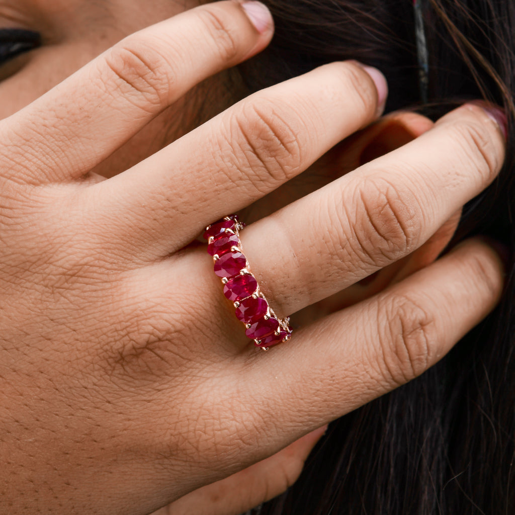 10.10 Carat Oval Cut Ruby & Diamond Stackable Eternity Gold Ring