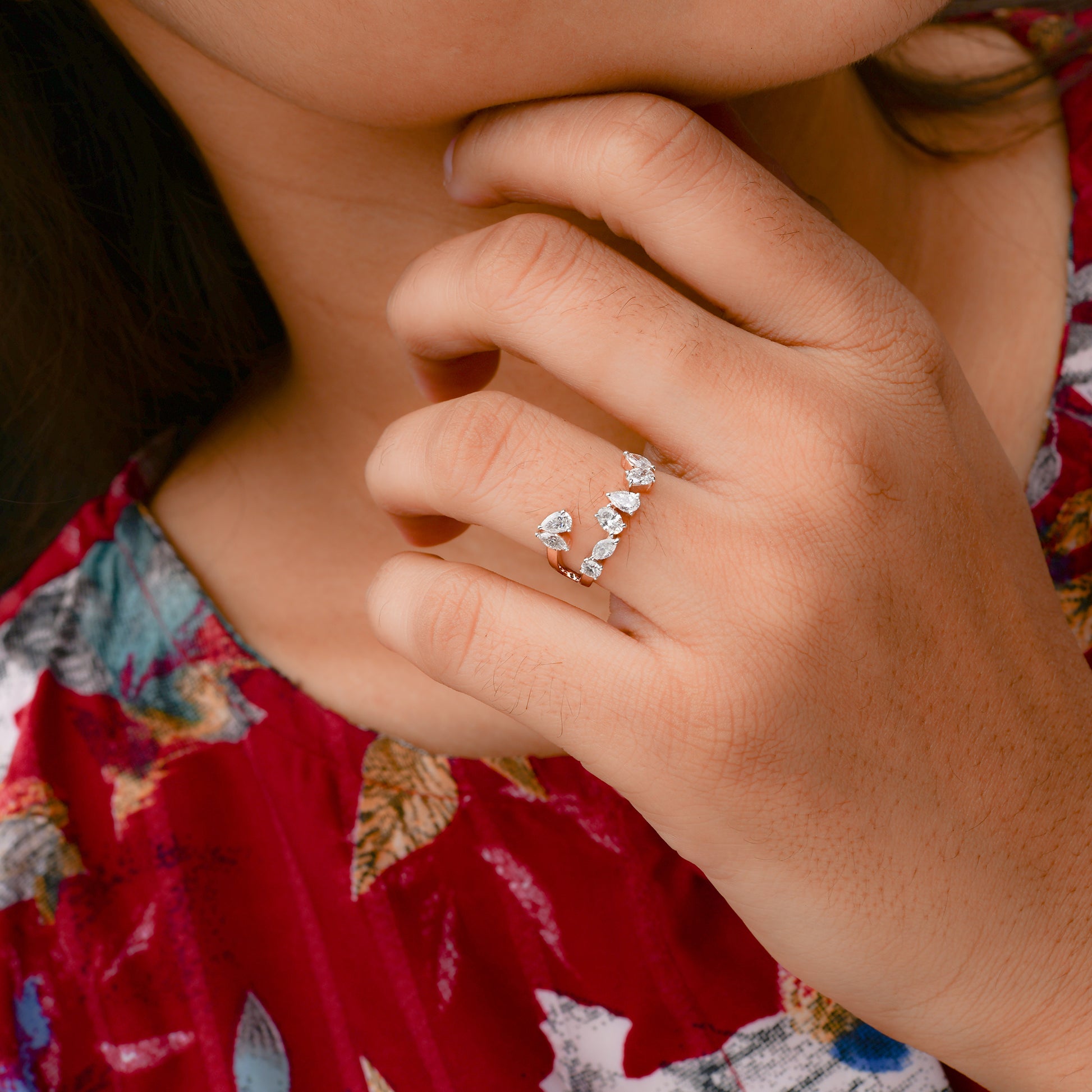 Solid Gold Double Band Leaf Motif Handcrafted Open Band Diamond Ring