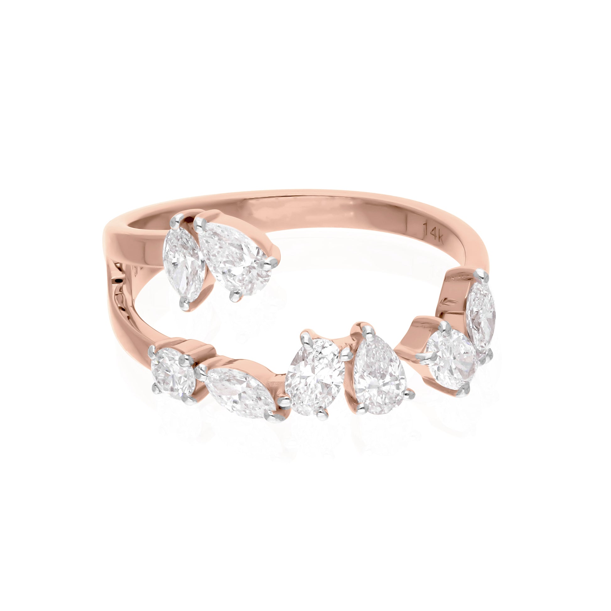 Solid Gold Double Band Leaf Motif Handcrafted Open Band Diamond Ring