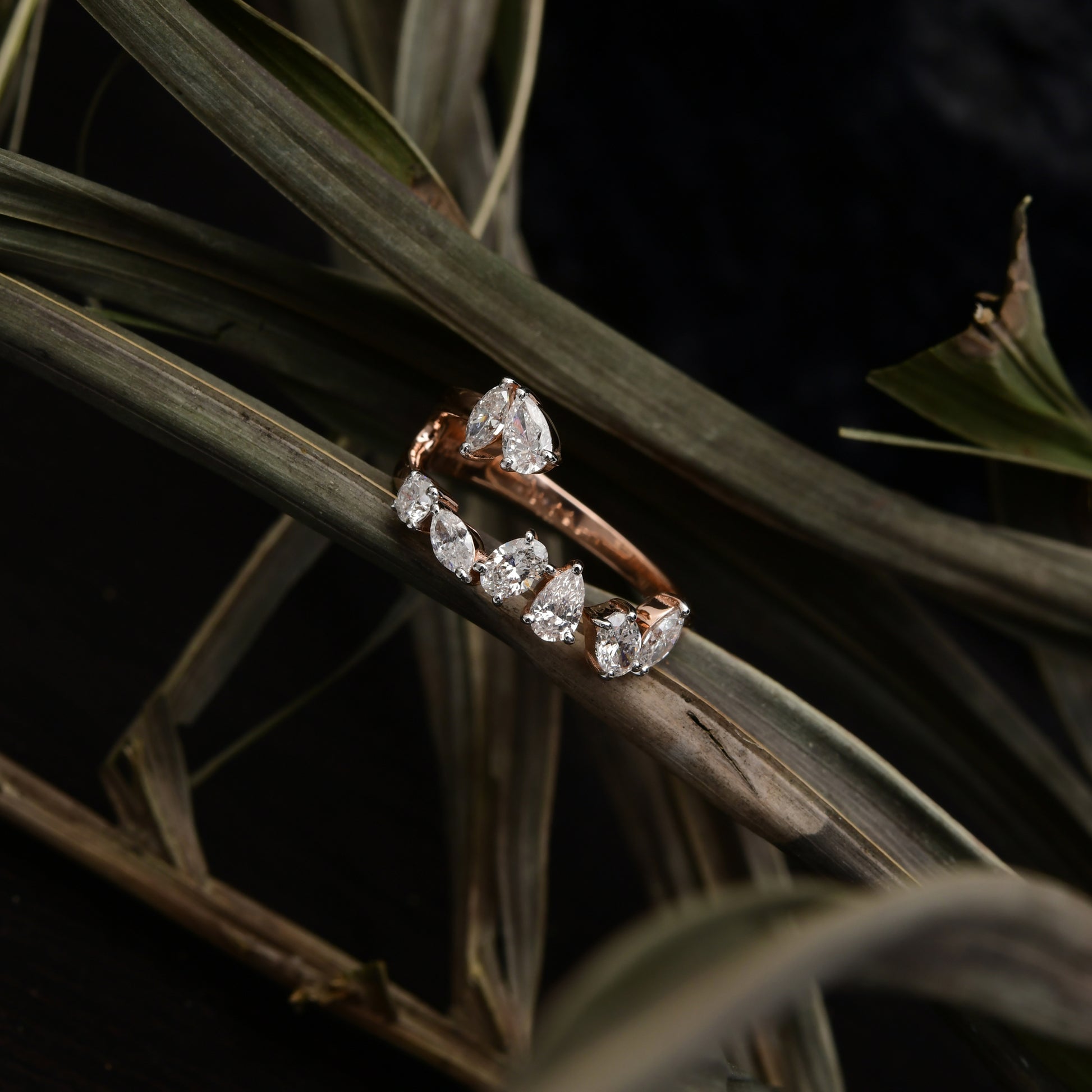 Solid Gold Double Band Leaf Motif Handcrafted Open Band Diamond Ring