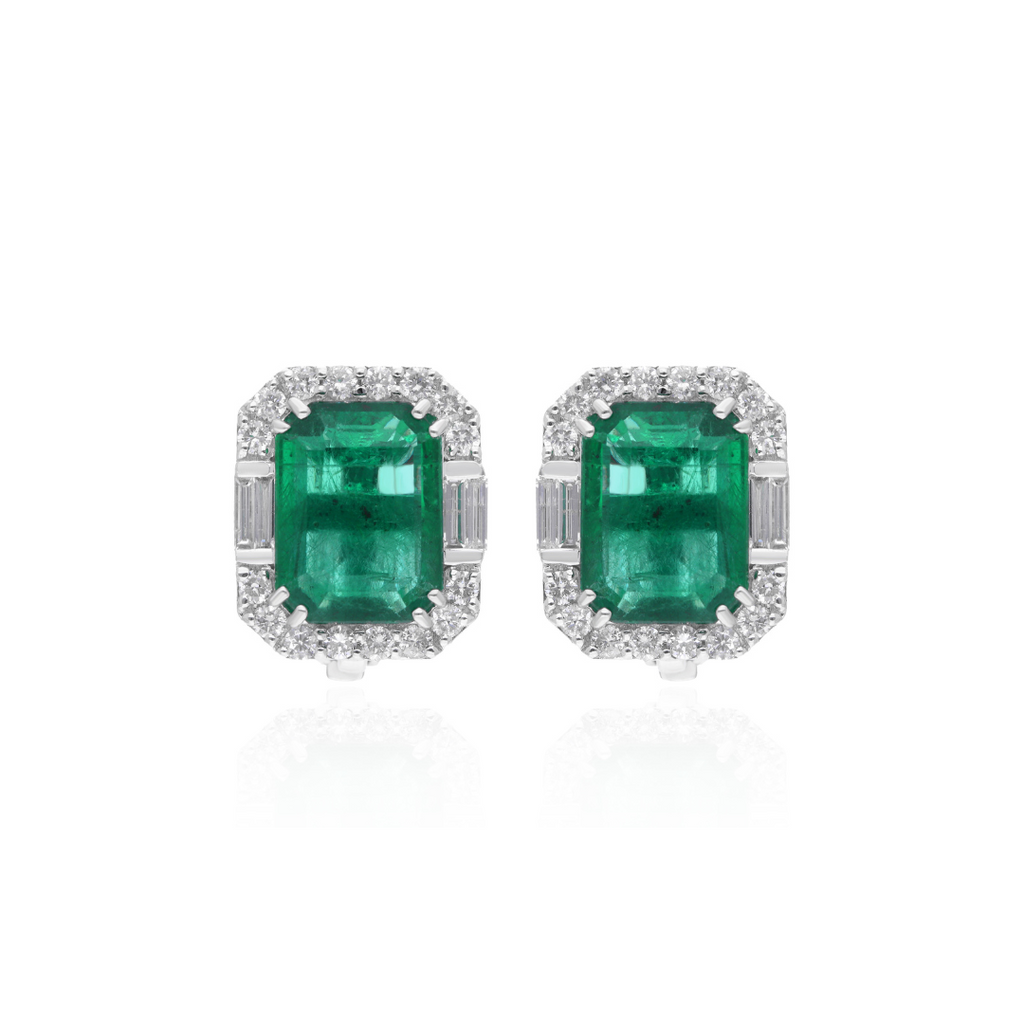 Zambian Emerald & Diamond Stud May Birthstone Gold Earrings 6.87 Tcw