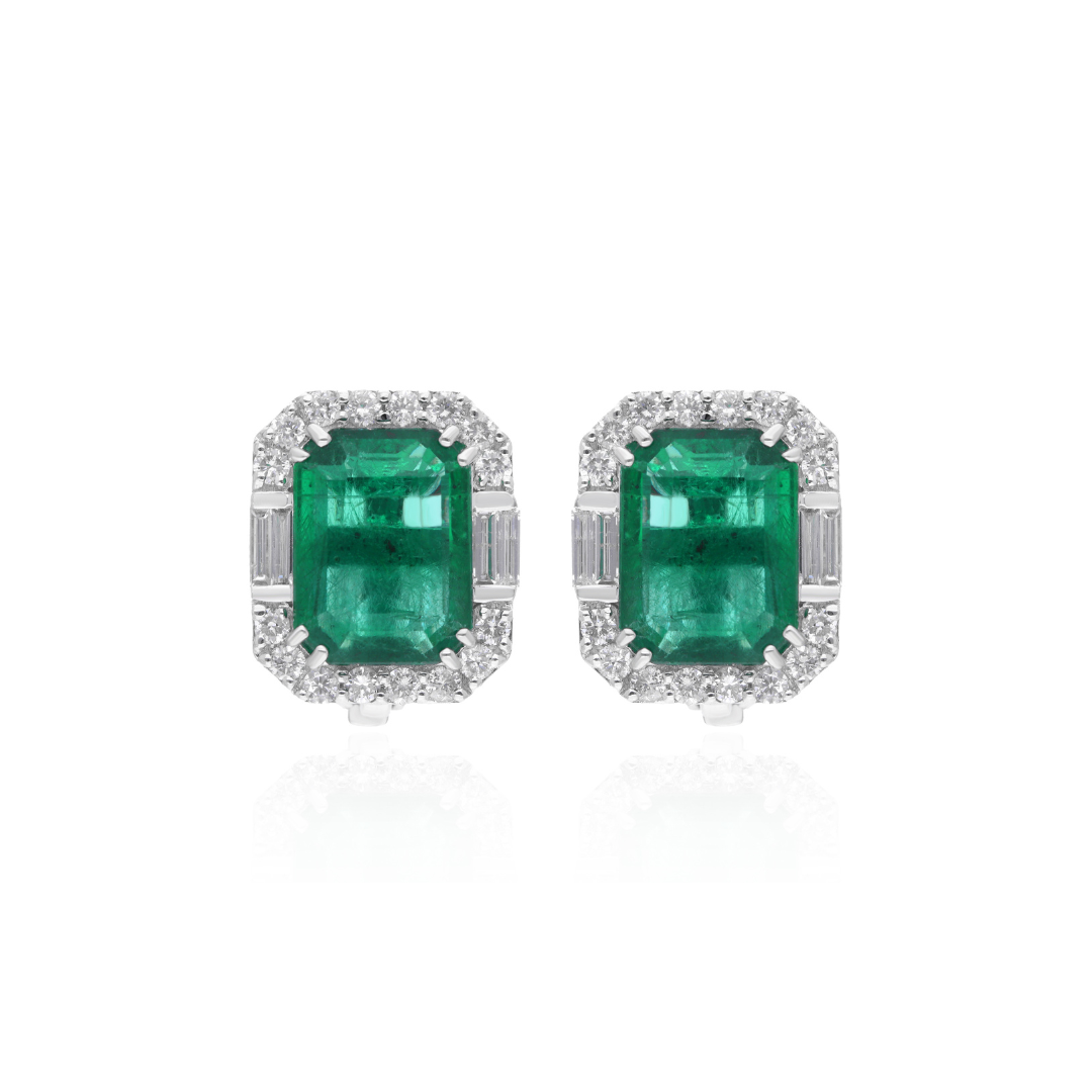 Zambian Emerald & Diamond Stud May Birthstone Gold Earrings 6.87 Tcw
